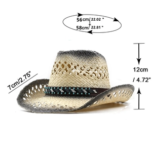 Detailed size specifications for a western straw sun hat with ethnic beaded band decoration