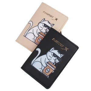 Beige and black faux leather passport covers with cute cartoon cat travel design