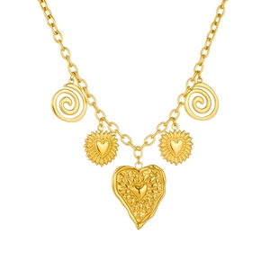 Gold-plated stainless steel necklace with large heart pendant and spiral flower accents