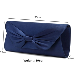 Navy blue satin clutch bag with bow design showing 25x12x5cm dimensions and weight
