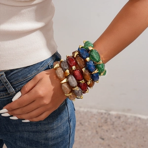 Retro multi-colored glitter acrylic chunky bracelets with gold metallic accents for women