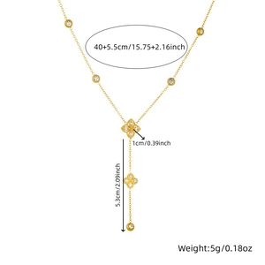Gold stainless steel Y-necklace featuring four-leaf flower charms and crystal accents