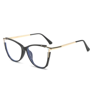 Fashionable black cat eye TR90 glasses frames with elegant gold metal temples for women