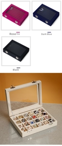 Detail of 24-grid velvet jewelry box with clear window and secure metal buckles