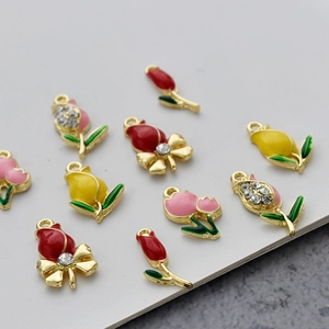 Set of 10 enamel tulip flower charms with rhinestones for DIY jewelry making