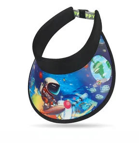 Detail view of adjustable buckle strap and space theme print on kids sun visor hat