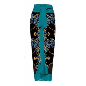 Detail of nautical wrap sarong with gold chains, seashells and starfish print motifs