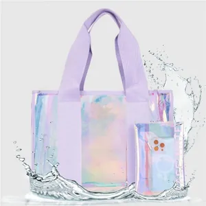 Waterproof holographic lavender tote bag with smaller matching pouch and splash effect