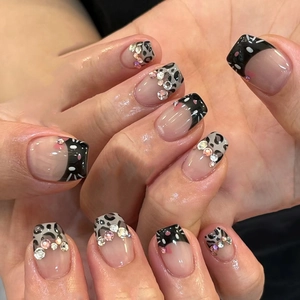 Press On Nails Short Ballerina French Leopard Print Black Cat Cartoon Shiny Rhinestones Manicure Art Decor Women