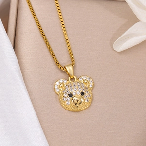 Cute Bear Pendant Necklace Stainless Steel With Shiny Zircon Full Rhinestone Cartoon Bear Head Box Chain For Women