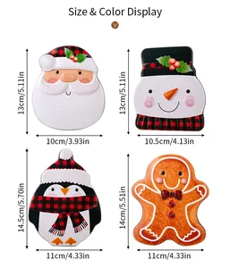 Detailed size chart for Christmas tin boxes featuring Santa, Snowman, Penguin, and Gingerbread