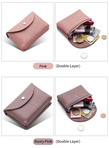 Detailed internal storage of pink leather mini wallet with double layers for coins and keys