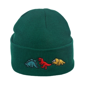 Dark green knitted beanie hat with colorful dinosaur embroidery in minimalist hip-hop style