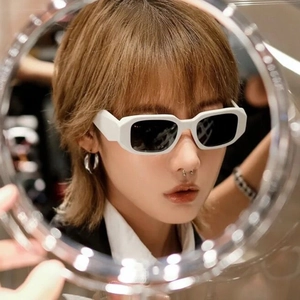 Fashionable white thick rectangle frame sunglasses with dark lenses and irregular vintage style