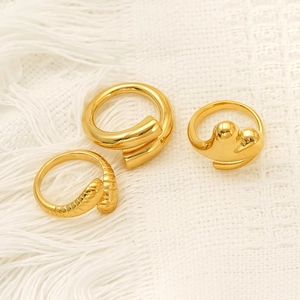 Three-piece set of gold-plated geometric open rings with a high-polished finish for women