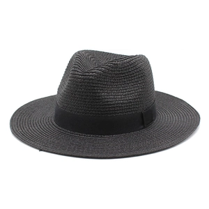 Classic black woven Panama hat for men and women featuring a wide matching ribbon band