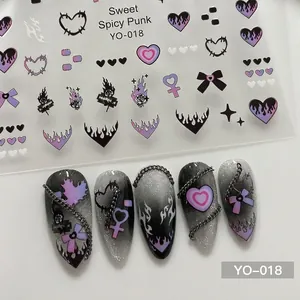 Detail of YO-018 nail stickers featuring punk style purple hearts and silver flames