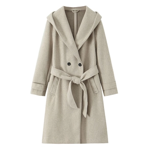 Women's elegant oat-grey long hooded coat with double-breasted closure and waist belt