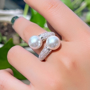 Bague Ouverte Élégante À Double Künstliche Perle En Cuivre Zircon AAA Micro Pavé Bijoux De Mode Réglables Pour Femmes
