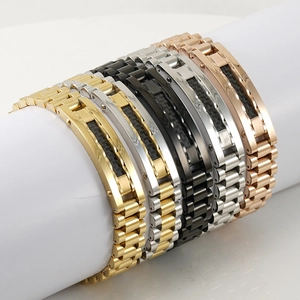18K gold stainless steel watch band style men's bracelet with carbon fiber inlay