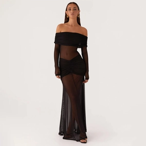 Elegant black off-the-shoulder mesh maxi dress with long sleeves and pleated waist details