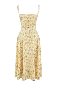 Detailed front view of a yellow floral midi dress with a slim fit and high waist design