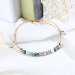 Bohemian adjustable woven bracelet with natural green moss agate beads and gold accents
