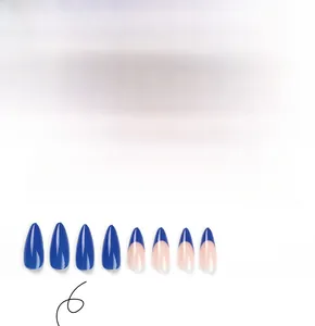 Blue French press-on nails in almond shape, set of 24 pieces on white background