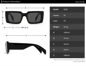 Detailed size chart for retro square sunglasses model 9236 showing frame and lens dimensions