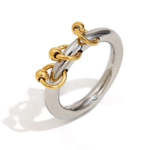 Minimalist stainless steel ring with 18K gold plated beads and sliding fringe tassels