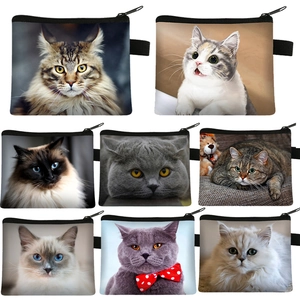 Cute Cat Print Mini Coin Purse Waterproof Polyester Zipper Small Storage Pouch For Kids Women Travel Card Holder