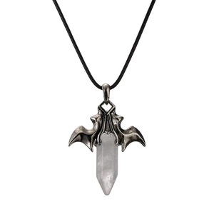 Vintage bat wing necklace with transparent hexagonal crystal quartz on a black cord