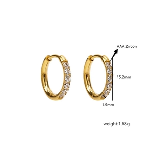 Macro shot of gold-plated titanium earrings with AAA zircon measurements and dimensions