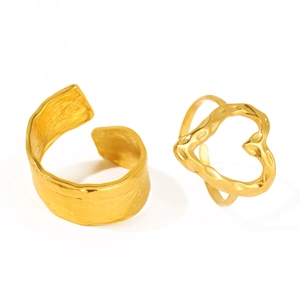18K gold plated stainless steel ring set with irregular hammered texture and heart cutout