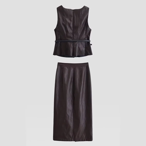 Haut À Basques Sans Manches Et Jupe Midi À Fente Similicuir PU Avec Ceinture Chic Pour Femmes