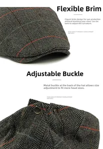 Detail of adjustable metal buckle and curved brim on grey herringbone wool flat cap