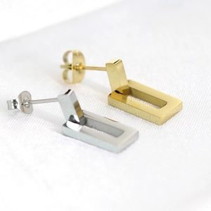 L-shaped hollow rectangular earrings in gold and silver stainless steel with brushed texture