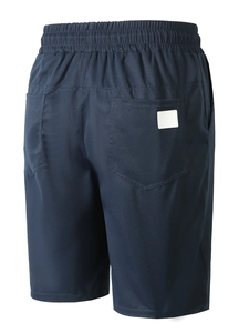 Rear view of navy blue men's casual shorts showing elastic waist and back pockets