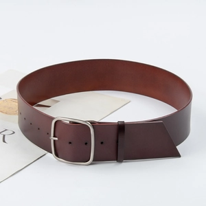 Genuine brown leather belt for women featuring a minimalist square metal pin buckle
