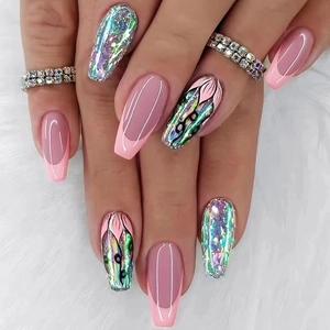 French Tip Press On Nails Long Coffin Shape Pink Lotus Flower Glitter Manicure Artificial False Fingernails For Women