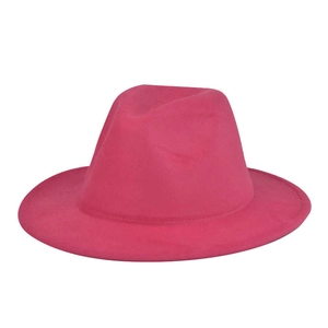 Close-up of hot pink wool fedora hat with metal buckle leather band detail