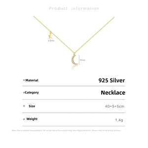 Detail view of S925 silver moon and star pendant necklace with size measurements