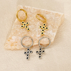 Minimalist stainless steel cross hoop earrings with black stones in gold and silver finish