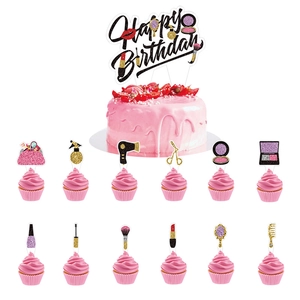 Pink makeup themed cake topper set with glitter lipstick and Happy Birthday decorations