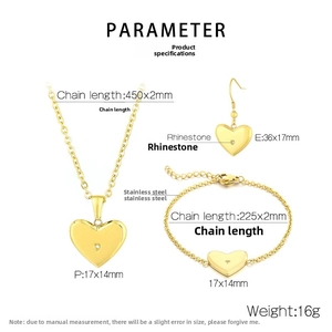 Spécifications détaillées du set de bijoux cœur doré avec collier et boucles d'oreilles