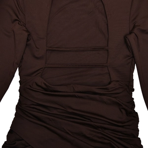 Detail view of deep brown sheer dress back with cut-outs, straps and ruching