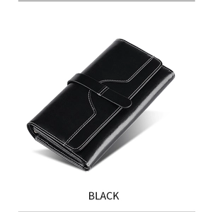 Detail view of premium black oil wax leather wallet with white contrast stitching