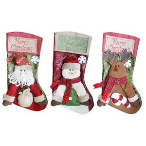 Set of 3 Christmas stockings with 3D Santa, Snowman, and Reindeer applique holiday decor