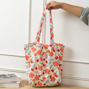 Cream floral canvas tote bag with red and purple flower patterns and large capacity