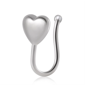 Polished silver heart-shaped non-piercing copper nose ring with smooth metal finish
